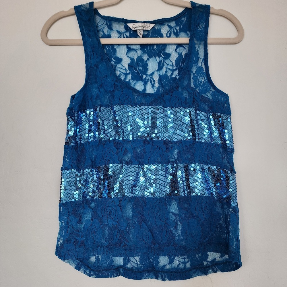 Speechless Y2K Sequin Lace Tank Top Medium Blue Sheer Party Club Top